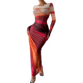 Women's Printed Bodycon Maxi Dress Long Sleeve Tie Dye Mesh Layered Dress