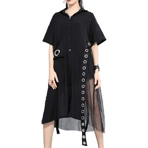 ellazhu Women's Black Short Sleeve Casual Mesh Tunic T-Shirt Dress GY2271