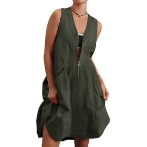 Fisoew Women's Sleeveless Tank Mini Dress Casual Half Zip V Neck Loose Mesh Back Utility Summer Dresses with Pockets