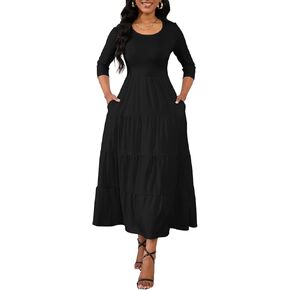 Womens Casual Fall Dresses 2025 3/4 Sleeve Maxi Dress Crewneck A-Line Flowy Tiered Long Wedding Guest Dress with Pockets