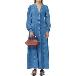 Women's Denim Maxi Dress Button Down Long Sleeve Blue Jean Shirt Dress Fall Vintage Flowy Long Dress