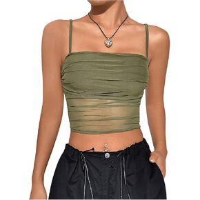 WDIRARA Women's Sheer Mesh Ruched Spaghetti Strap Crop Cami Top Party Club Camisole
