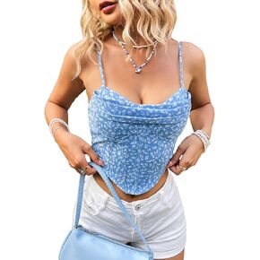 MakeMeChic Women's Boho Floral Print Draped Asymmetrical Hem Cropped Camisole Summer Cami Tops