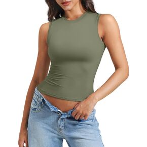 QOQ Womens Double Lined Tank Tops Basic Mock Neck Sleeveless Y2K Going Out Top Workout Crop Camis