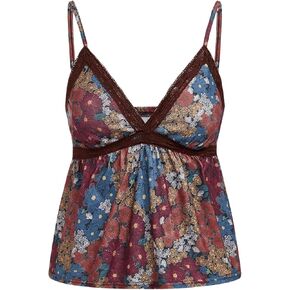 SHENHE Women's Lace Trim Floral V Neck Ruffle Peplum Babydoll Tank Top Camisole