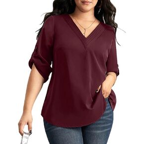 SCOMCHIC Women's Plus Size Blouses 3/4 Cuffed Sleeve Dressy Tunic Tops V Neck Casual Loose Blouse Pleated Shirts