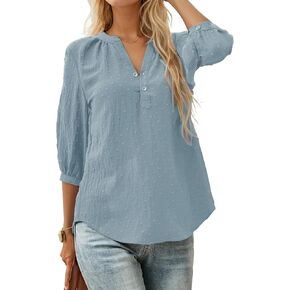 Womens 3/4 Sleeve Casual Tops Henley V-Neck Button Up Pleated Swiss Dot Tops for Women
