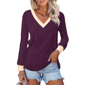 IECCP Women's V Neck Tunic Shirts Dressy Casual Color Block Tops Puff Long Sleeve Floral Blouses Relaxed Fit