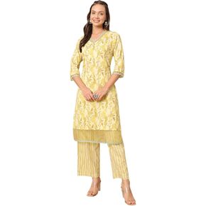 Women's Yellow Cotton Straight Kurta and Pant
