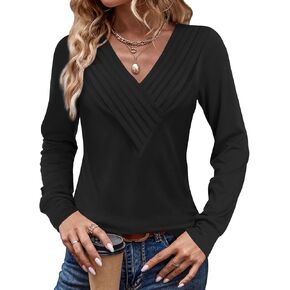 Womens Long Sleeve Tops V Neck Dressy Casual Loose Fit Pleated Trendy Fall Business Shirts Blouses