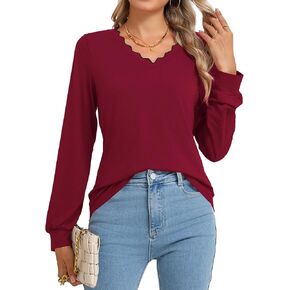 Rapbin Womens Fall Tops Casual V Neck Long Sleeve Shirts Loose Tunic Work Blouses Fashion 2024