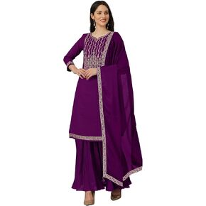 TRENDMALLS Women's Vichitra Silk Embroidery Kurta Sharara Suit Set