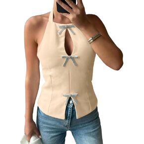 Tankaneo Womens Cute Bow Halter Tank Tops Sexy Keyhole Backless Slim Fit Crop Tops Y2k Summer Sleeveless Cami Shirts