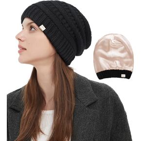 Hat Hut Womens Satin Lined Beanie Winter Hats Silk Lined Slouchy Beanie for Hair Soft Cable Knit Cap Warm Chunky Hat