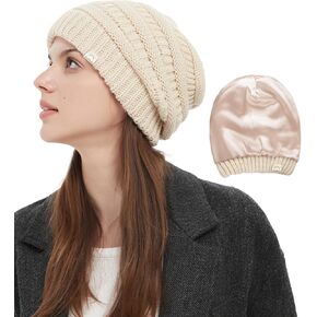 Hat Hut Womens Satin Lined Beanie Winter Hats Silk Lined Slouchy Beanie for Hair Soft Cable Knit Cap Warm Chunky Hat in Saudi Arabia