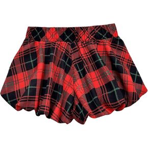 MakeMeChic Women's Plaid Print Ruffle Hem Elastic High Waist Wide Leg Shorts Bubble Pajama Shorts