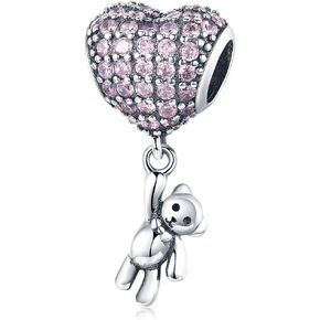 925 Sterling Silver Little Teddy Bear Charms Cubic Zirconia Heart Shaped Balloon Charms for Bracelets Necklaces Cute Gifts for Women