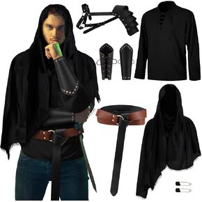 Leumoi 5 Pcs Men's Renaissance Faire Costume Set Halloween Medieval Costume Pirate Shirt Viking Belt Shawl Accessories