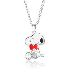 PEANUTS Snoopy Necklace for Women 16"+2" Official License, Silver Flash-Plated Snoopy Heart Pendant Necklace