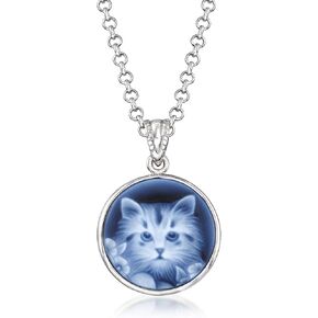 Ross-Simons Italian Blue Agate Cat Cameo Pendant Necklace in Sterling Silver. 18 inches
