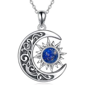 Sun and Moon Necklace S925 Sterling Silver Opal/Lapis Crescent Moon Star Pendant Sun and Moon Jewelry Gift for Women