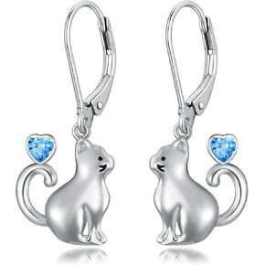 LONAGO Cat Earrings for Women 925 Sterling Silver Cute Cat with Red Heart Dangle Earrings
