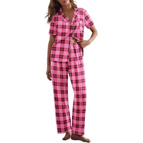 Ekouaer Women Pajamas Set Button Down Sleepwear Short Sleeve Nightwear with Long Pants Soft Pjs Set S-XXL