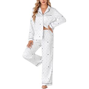LYNER Women's Printed Pajama Set Button Down Long Sleeve Sleepwear and Pants Set PJ Lounge Set