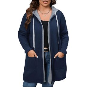 MakeMeChic Women's Plus Size Casual Color Block Jackets Long Sleeve Drawstring Hooded Coat Outwear