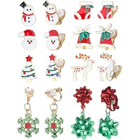 8Pairs Christmas Clip on Earrings for Women Christmas Tree Snowman Moose Santa Bells Socks Holiday Clip on Earrin Xmas Fake Earrings Christmas Jewelry Gifts