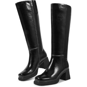 ISNOM Platform Knee High Boots for Women Chunky Heel Boots Long Boots Tall Boots Square Toe With Side Zipper Black Brown Burgundy