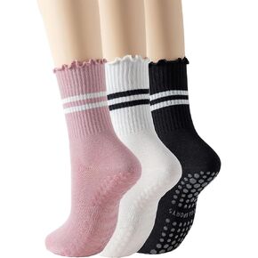 Yawlsow Pilates Grip Socks for Women Yoga Grippy Socks Cute Ruffle Barre Non Skid Athletic Crew Sticky Socks Workout Hospital