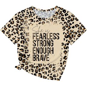 WDIRARA Girl's Leopard Letter Print Round Neck Short Sleeve Shirts Summer Stylish Tops