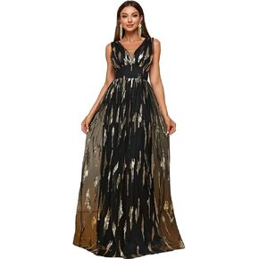 Women's 2024 Formal Dresses Sequin Mesh A-Line V-Neck Maxi Dress Evening Gown