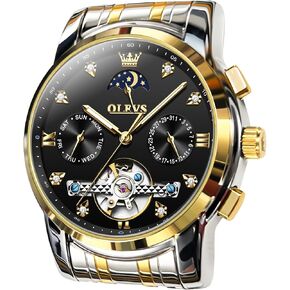 OLEVS Automatic Watches for Men Waterproof Luxury Dress Self Winding Mechanical Skeleton Tourbillon Moon Phase Stainless Steel Luminous Diamond Men's Wrist Watches Gift