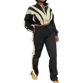 Women's 2 Piece 80s Outfit Color Block Crop Top Sweatshirt Pants Set Long Sleeve Windbreaker Jacket Tracksuit Set