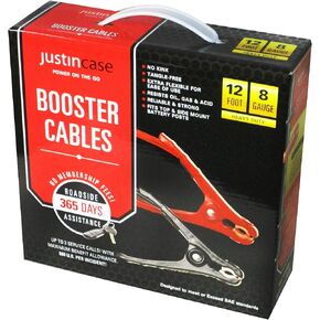 Justin Case Heavy-Duty Jumper Cables for Car, Includes 8 Gauge Wire Conductor 12' Car Jumper Cables & 365 Day Roadside Assistance