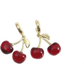 Cherry Earrings For Women, Red Funny Drop Dangle Hoop 18k Gold Plated Fruit Charm Leaf Cute Aesthetic Gift Jewelry