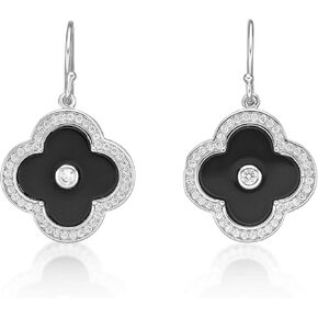 Lavari Jewelers Flower Dangle Earrings for Women - Black Onyx Green Malachite or Mother of Pearl & Cubic Zirconia in 925 Sterling Silver - Hypoallergenic Gold Plated - Fish Hook Clover Drop Earrings