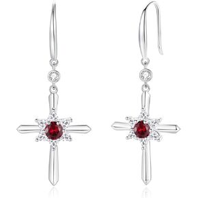 FANCIME Cross Dangle Drop Earrings 925 Sterling Silver Dainty Round Birthstone Earring Fine Jewelry Birthday Gifts for Her Women