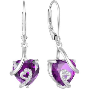 Women Love Heart Dangle Earrings 925 Sterling Silver Birthstone Heart Leverback Drop Earrings 5A Cubic Zirconia Jewelry