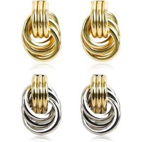 2 Pairs Chunky Gold and Silver Earrings, Two Tone Earrings Gold Knot Earrings for Women, Nickel Free Geometric Drop Dangle Earrings Set, Door Knocker Statement Silver Knot Earrings Trendy Jewelry