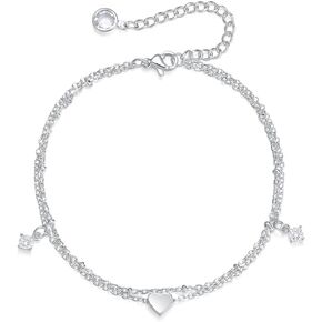Sterling Silver Anklet Bracelets for Women Charm Heart Dainty Layer Anklets for Women Adjustable Simple Chain Anklets Fashion Jewelry for Women Mom Wife