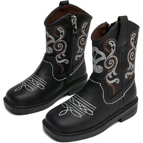DADAWEN Toddler Little Boys Girls Cowboy Boots Kids Embroidered Western Cowgirl Boots Square Toe Mid Calf Riding Shoes