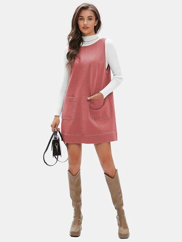EXLURA Womens Sleeveless Denim Dress Casual Round Neck A Line Overall Mini Dress Skirtall Jumper Pinafore with Pockets 2025 in Kuwait