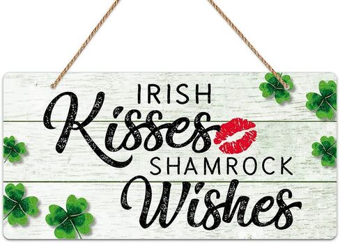 WaaHome القديس باتريك علامة يوم اكليلا من الزهور لديكور الباب الأمامي، القبلات الأيرلندية شامروك رغبات القديس باتريك زينة الباب، 6 "× 12" علامة ديكور القديس باتريك للمنزل جدار الباب الأمامي زينة الشرفة in Kuwait
