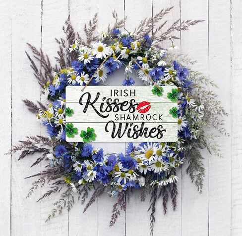 WaaHome القديس باتريك علامة يوم اكليلا من الزهور لديكور الباب الأمامي، القبلات الأيرلندية شامروك رغبات القديس باتريك زينة الباب، 6 "× 12" علامة ديكور القديس باتريك للمنزل جدار الباب الأمامي زينة الشرفة in Kuwait