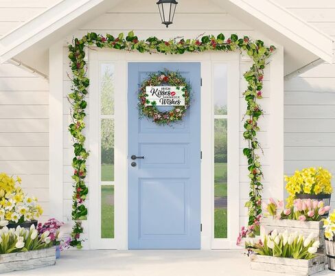 WaaHome القديس باتريك علامة يوم اكليلا من الزهور لديكور الباب الأمامي، القبلات الأيرلندية شامروك رغبات القديس باتريك زينة الباب، 6 "× 12" علامة ديكور القديس باتريك للمنزل جدار الباب الأمامي زينة الشرفة in Kuwait