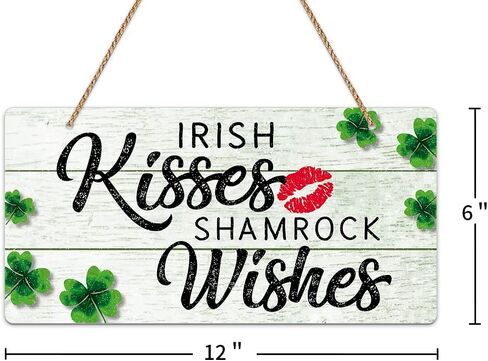 WaaHome القديس باتريك علامة يوم اكليلا من الزهور لديكور الباب الأمامي، القبلات الأيرلندية شامروك رغبات القديس باتريك زينة الباب، 6 "× 12" علامة ديكور القديس باتريك للمنزل جدار الباب الأمامي زينة الشرفة in Kuwait