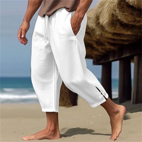 crazynekos Men's Linen Pants Summer Drawstring Cropped Pants Beach Pants in Saudi Arabia